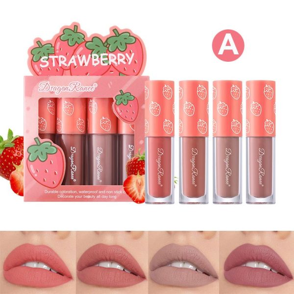 Dragon Ranee 3PCS Fruit Velvet Matte Waterproof Lipstick & Lip Gloss Set – Long-Lasting Strawberry Shade D6007, Smooth Hydrating Formula for Women & Girls, Perfect Gift for Parties, Events & Daily Use