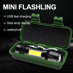 Compact rechargeable torch emitting bright white light, perfect for night adventures or home use.