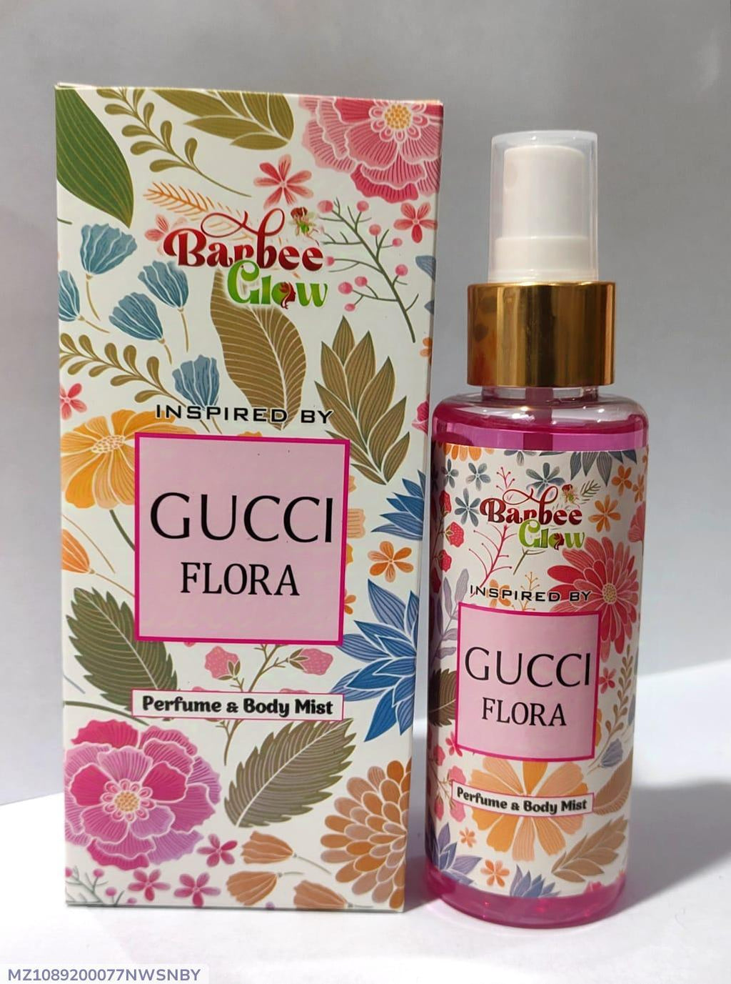 Gucci Flora perfume and body mist with packaging on a white background