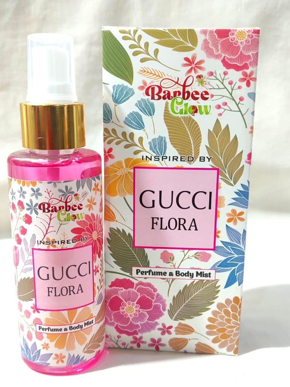 Barbee Glow Gucci Flora perfume bottle and packaging on a white background