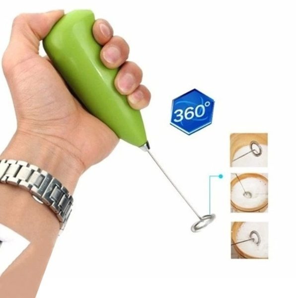 Hand holding a green milk frother with a 360-degree icon and additional images of the product in use.