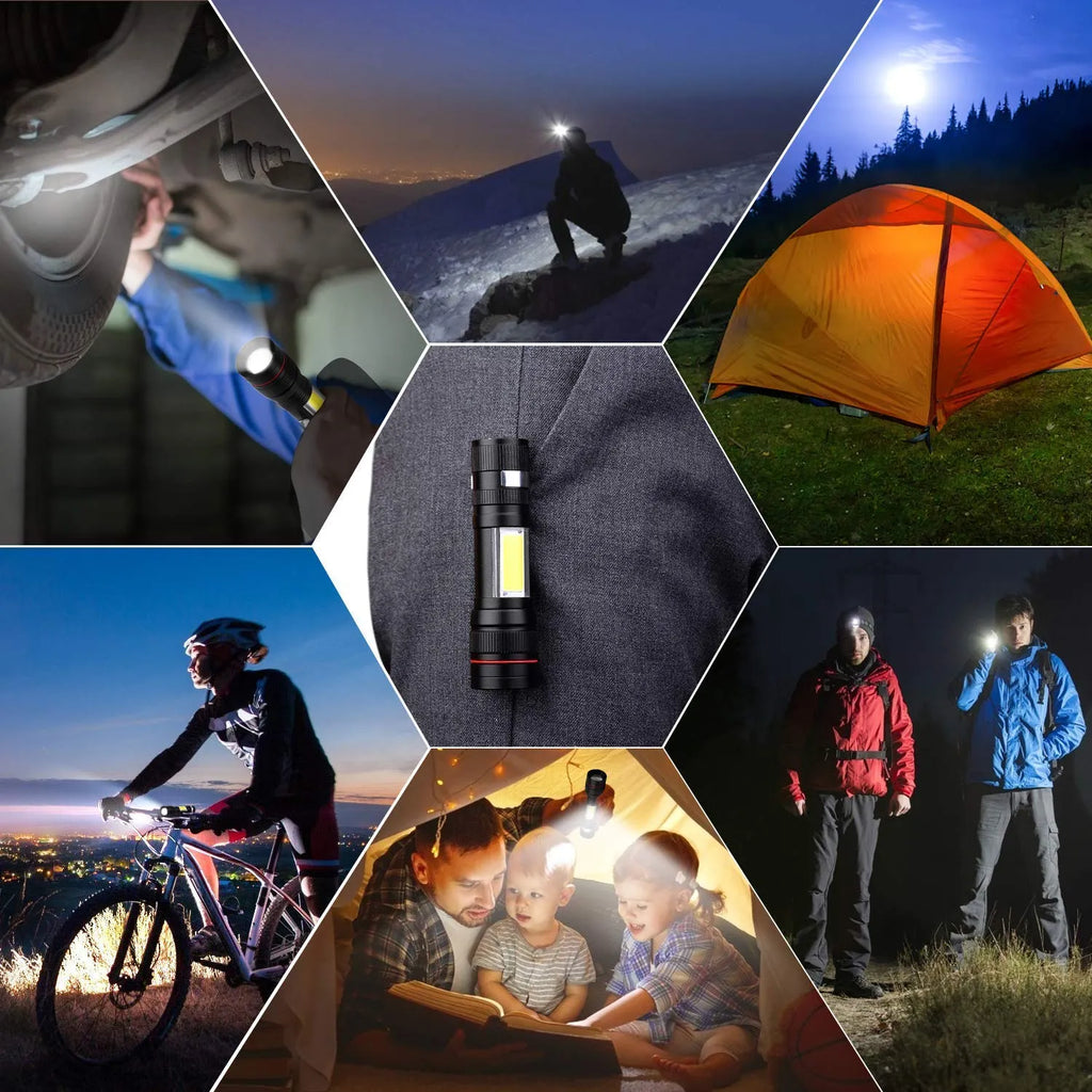 Collage of various scenes showing the use of a flashlight, including camping, biking, and reading.