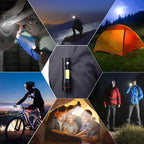 Collage of various scenes showing the use of a flashlight, including camping, biking, and reading.