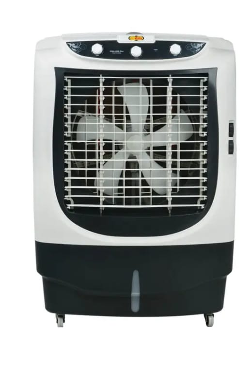 Portable air cooler with fan blades on a white background