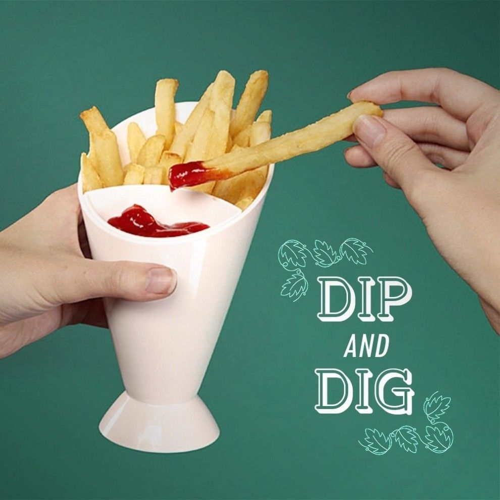 Person dipping a french fry into a container of ketchup with 'Dip and Dig' text on a green background