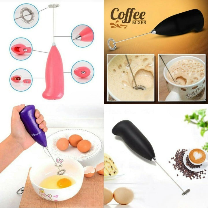 Collage of a handheld milk frother with uses for coffee and eggs.