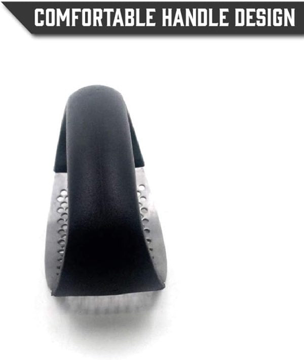 Black and gray handle design on a white background with text 'COMFORTABLE HANDLE DESIGN'.