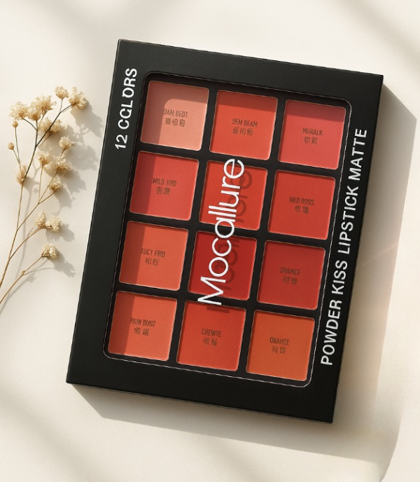 Mocallure Powder Kiss Lipstick Matte palette with 12 colors on a light background