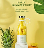 Portable electric juicer cup with pineapple pieces on a yellow background