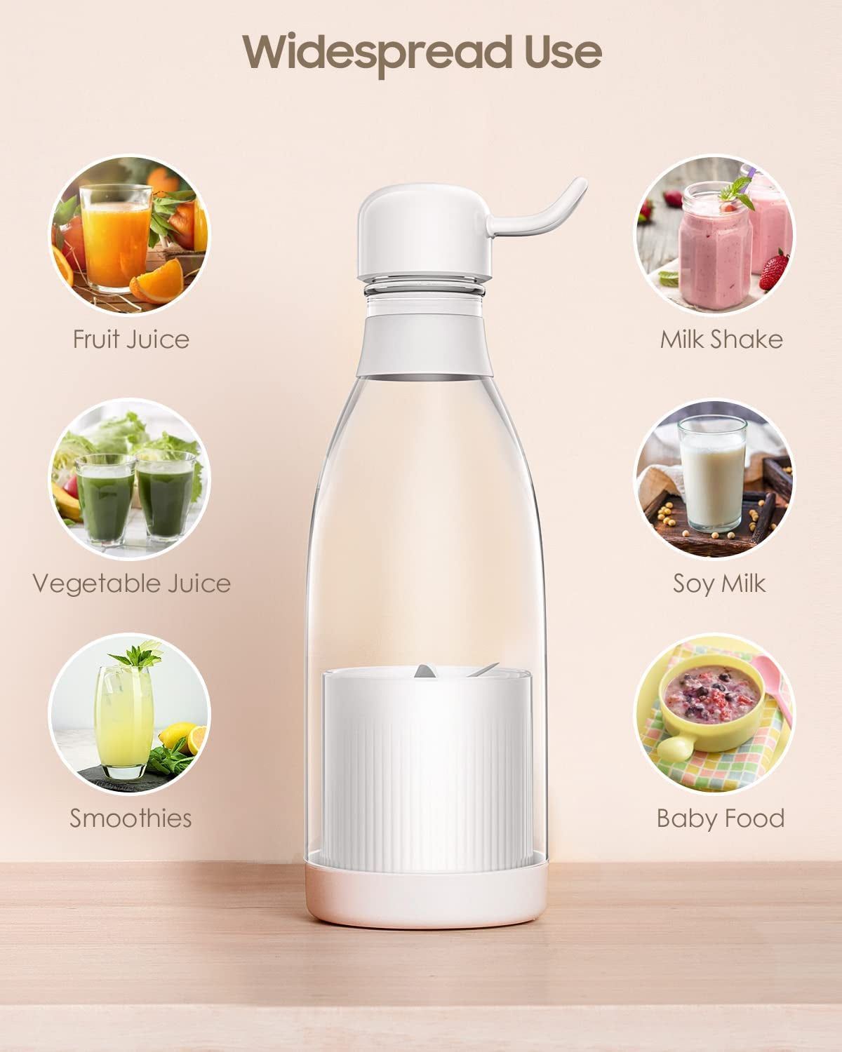 Bottle with a white cap on a beige background, surrounded by images of various beverages.
