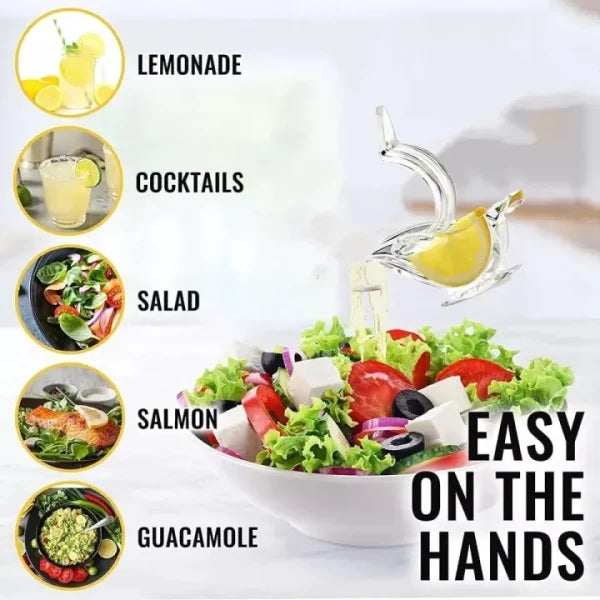 Glass bottle with lemon being poured over a salad, surrounded by images of lemonade, cocktails, salad, salmon, and guacamole.