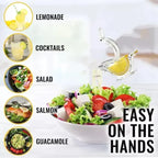 Glass bottle with lemon being poured over a salad, surrounded by images of lemonade, cocktails, salad, salmon, and guacamole.