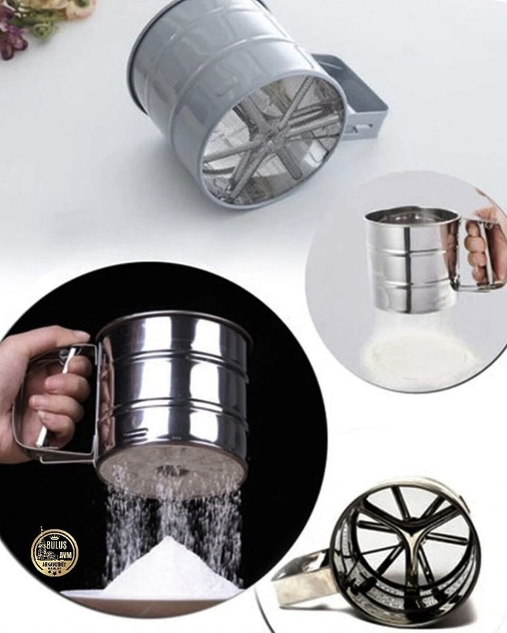 Metal flour sifter with close-up shots on a white background