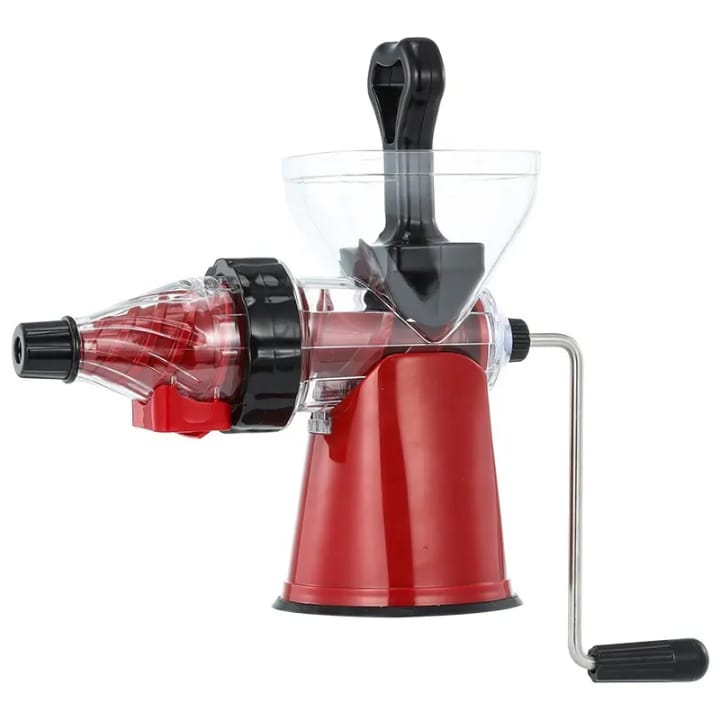 Red manual juicer with a clear container on a white background
