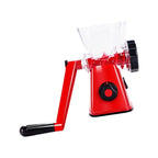 Red manual grinder with clear container on a white background