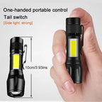 Handheld flashlight with one-handed control and tail switch, held in a hand for scale.