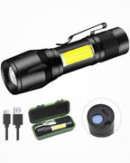 Black flashlight with yellow light source, USB cable, and green case on a white background