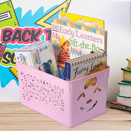 Pink book holder with children's books against a 'Back to School' themed background