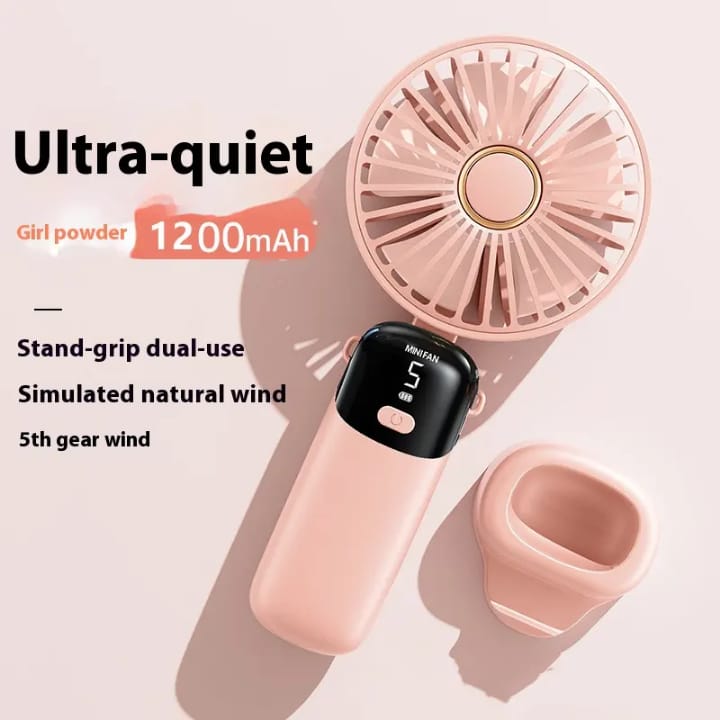 Pink handheld fan with digital display on a light pink background, featuring text about its features.