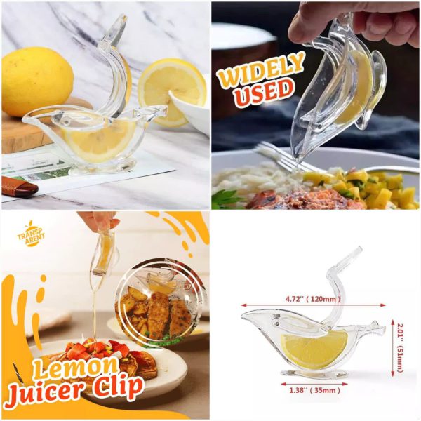 Clear lemon juicer clip with lemon slices, used on food, and dimensions displayed.