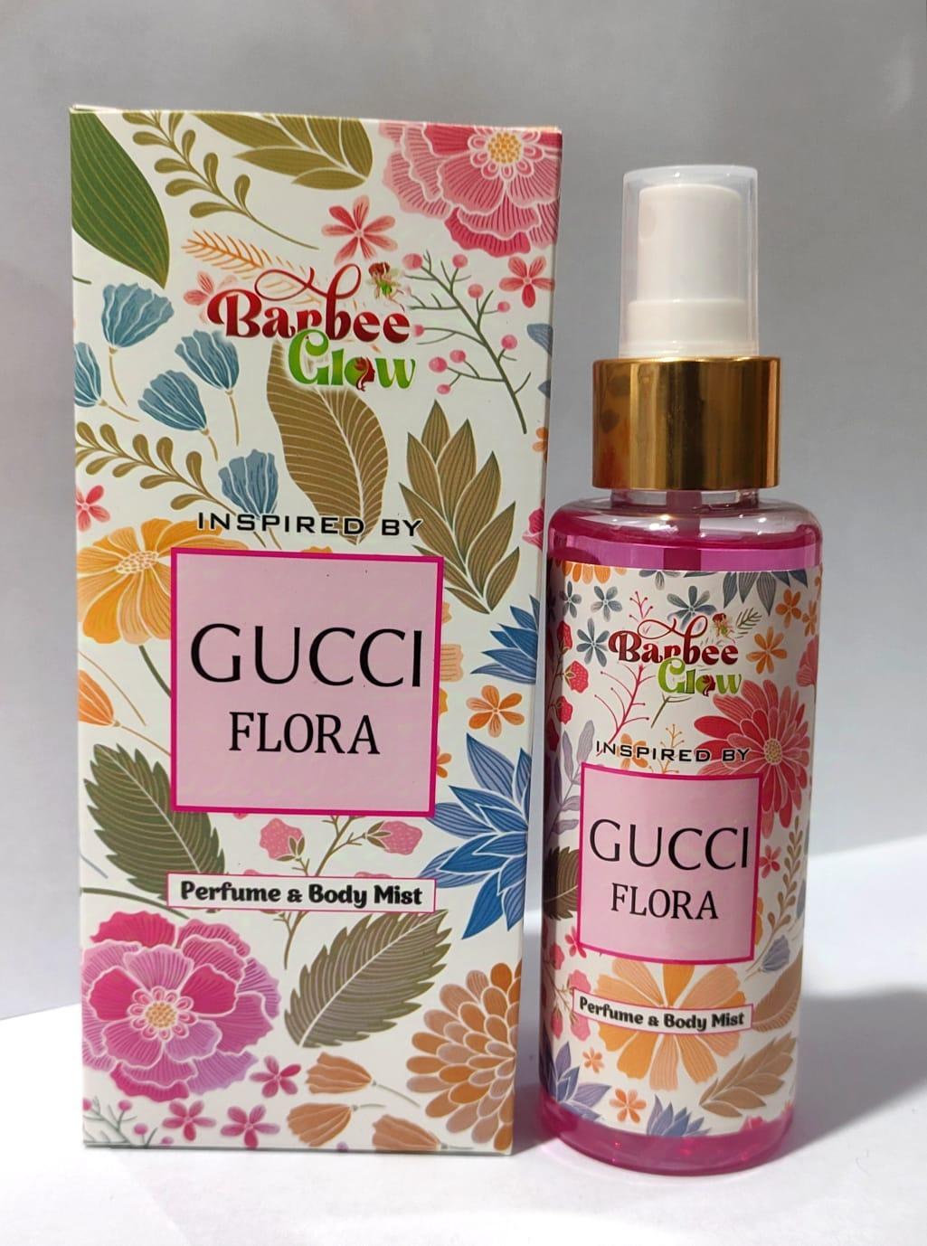 Barbee Glow Gucci Flora perfume and body mist with floral packaging on a white background