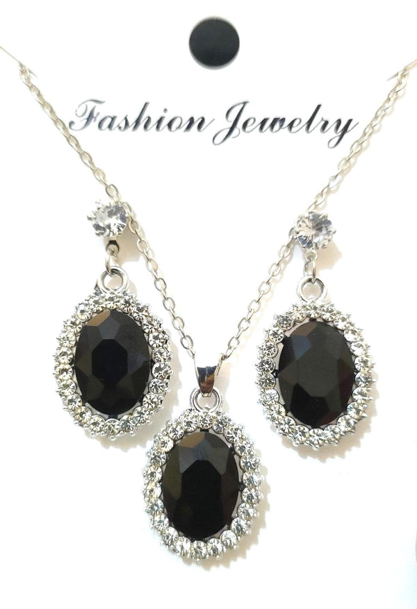 Black gemstone necklace and earrings on a white background with 'Fashion Jewelry' text.