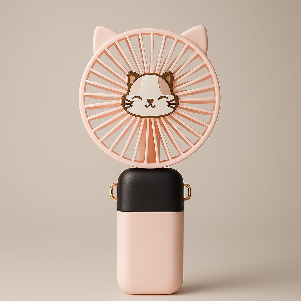 Portable fan with cat design on a beige background