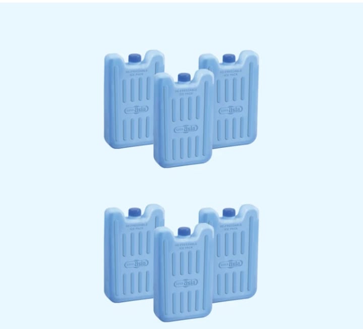 Set of five blue ice chests on a light blue background