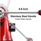 Red kitchen appliance with a stainless steel handle labeled '6.5 Inch Perfect Ratio Handle'.