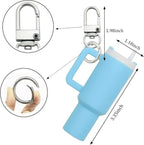 Blue keychain with measurements and close-up details on a white background