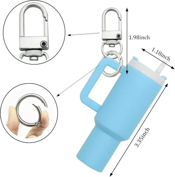 Blue keychain with measurements and close-up details on a white background