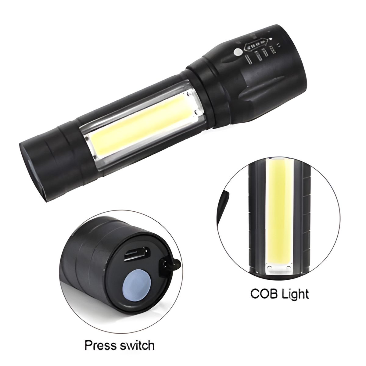 Black flashlight with COB light and press switch on a white background