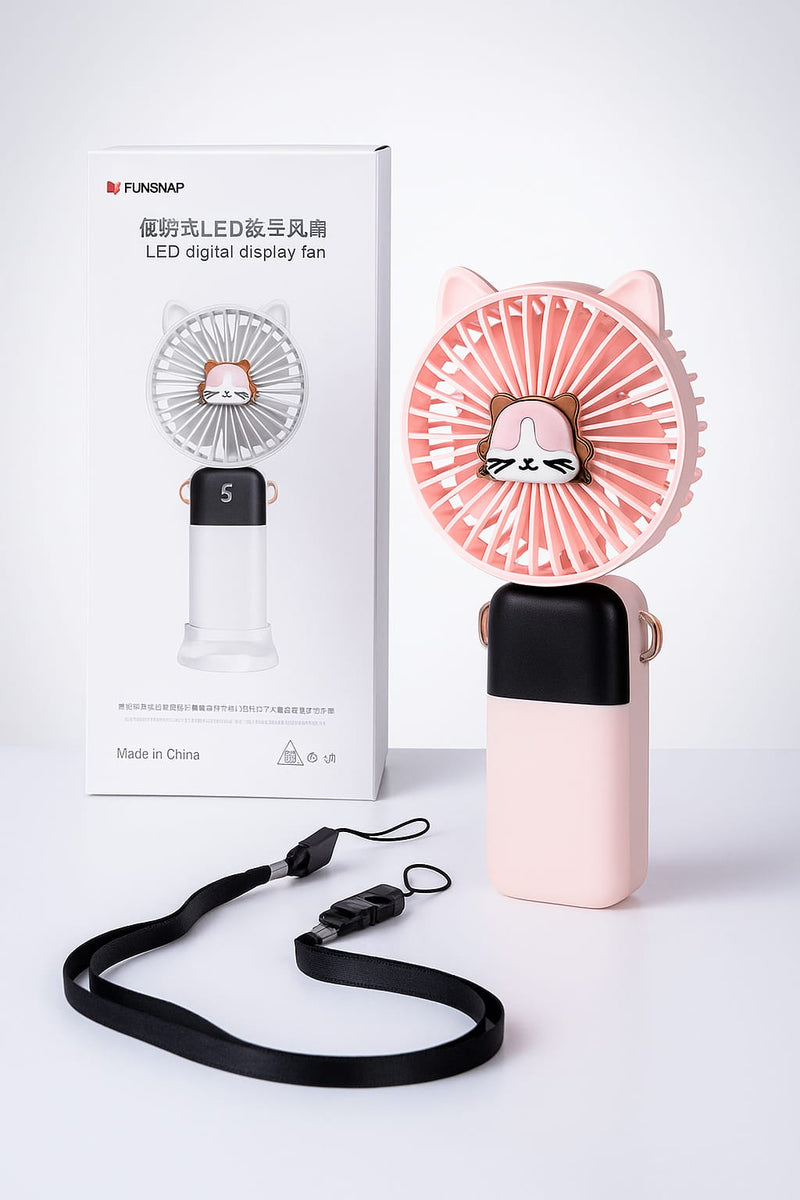Pink fan with cat ears, packaging, and lanyard on a white background