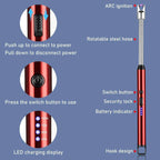 Red electric lighter with labeled features on a blue background