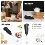 Milk frother being used to mix ingredients with text highlighting features.