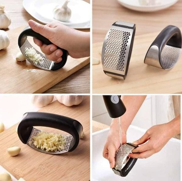 Collage of a garlic press being used on garlic cloves with close-up shots of the tool.
