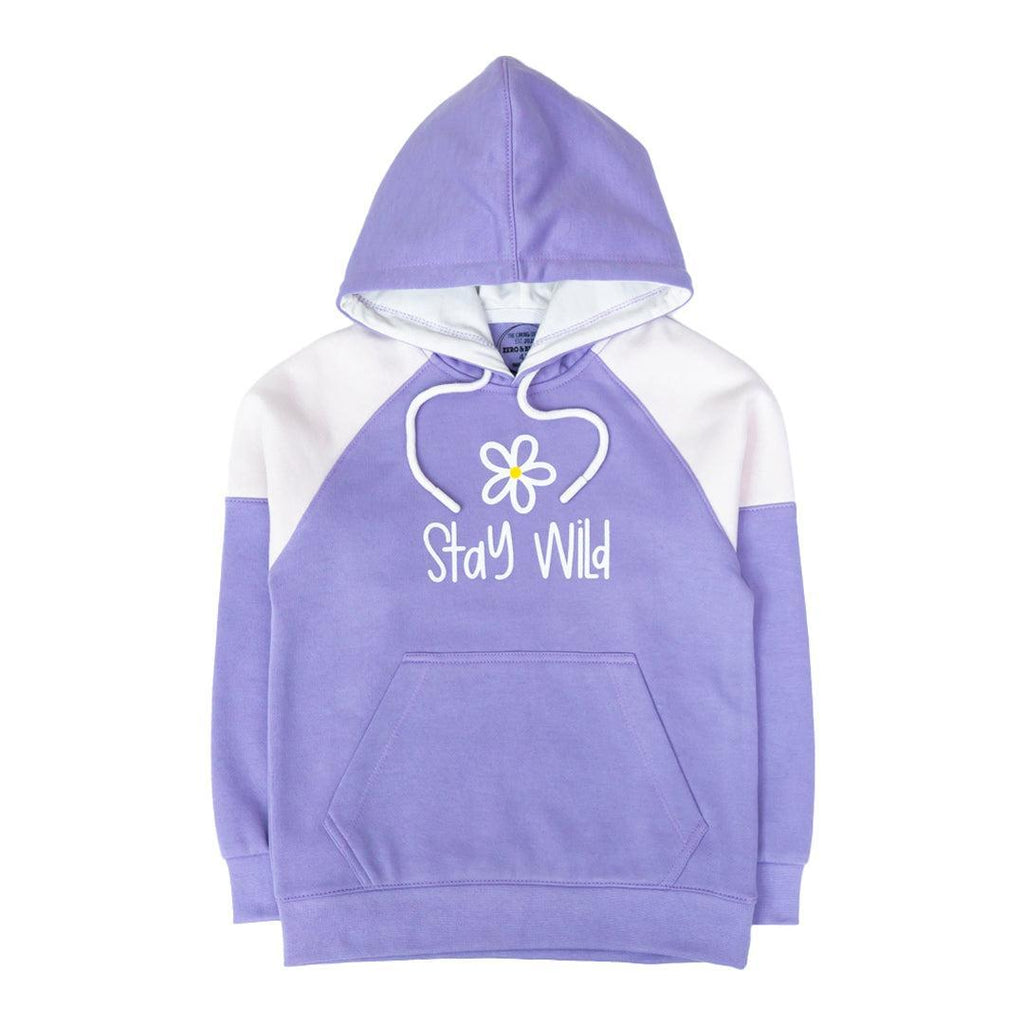 Purple and white hoodie with 'Stay Wild' text and flower graphic on a white background