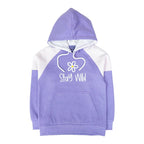 Purple and white hoodie with 'Stay Wild' text and flower graphic on a white background