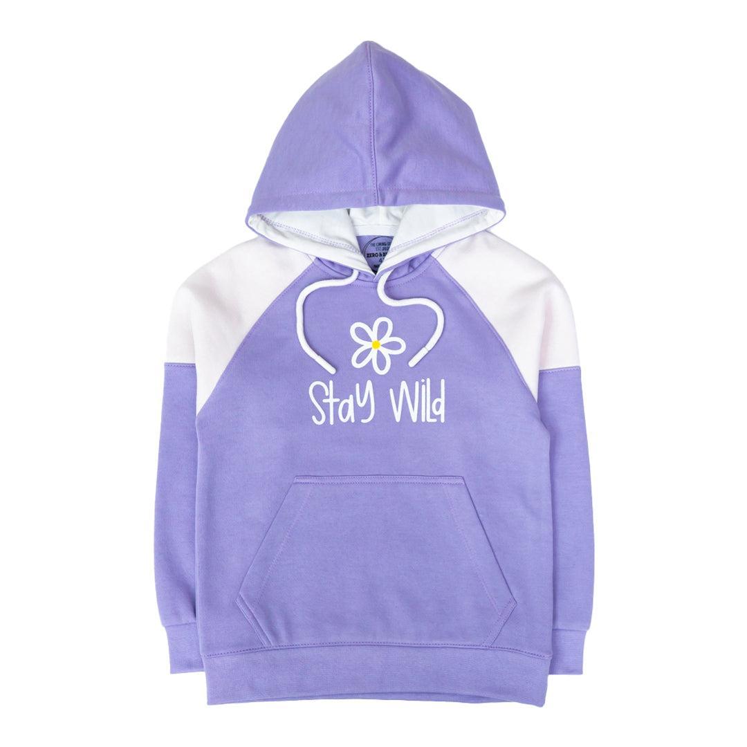 Purple and white hoodie with 'Stay Wild' text and flower graphic on a white background