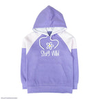 Purple and white hoodie with 'Stay Wild' text and flower graphic on a white background