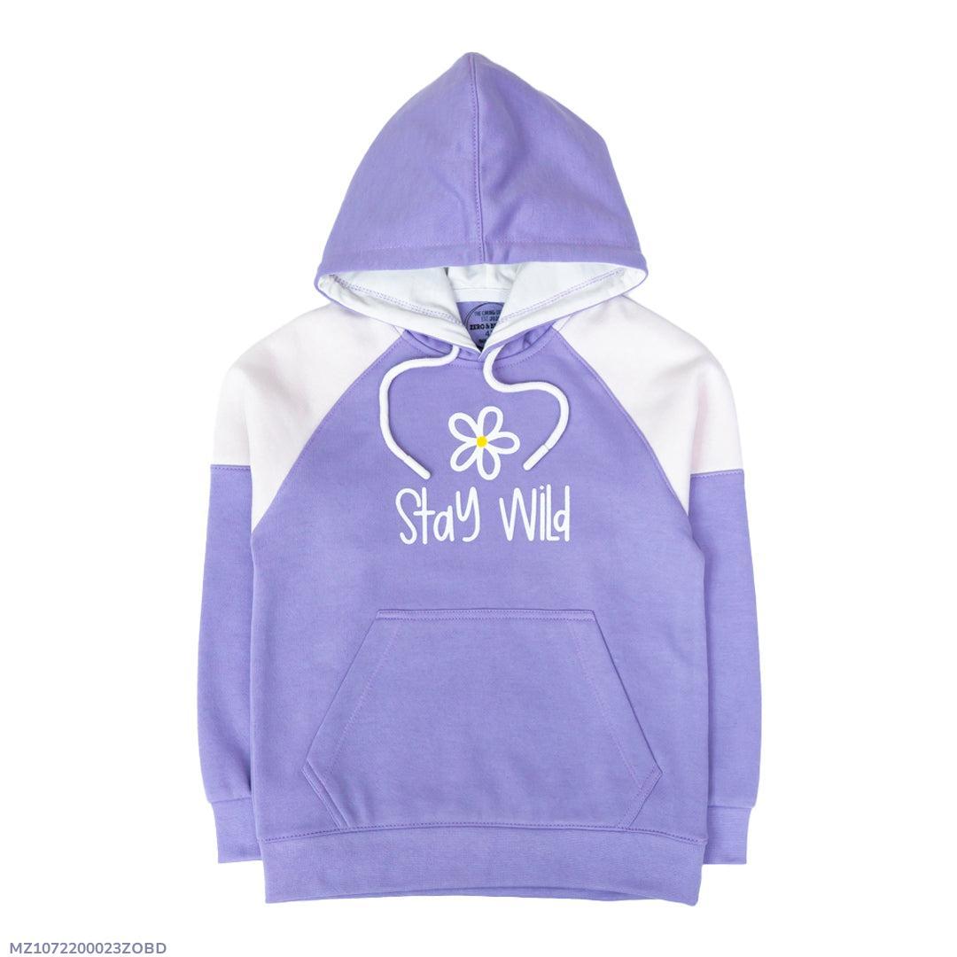 Purple and white hoodie with 'Stay Wild' text and flower graphic on a white background