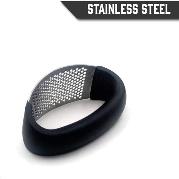 Black and silver kitchen tool with 'Stainless Steel' text on a white background